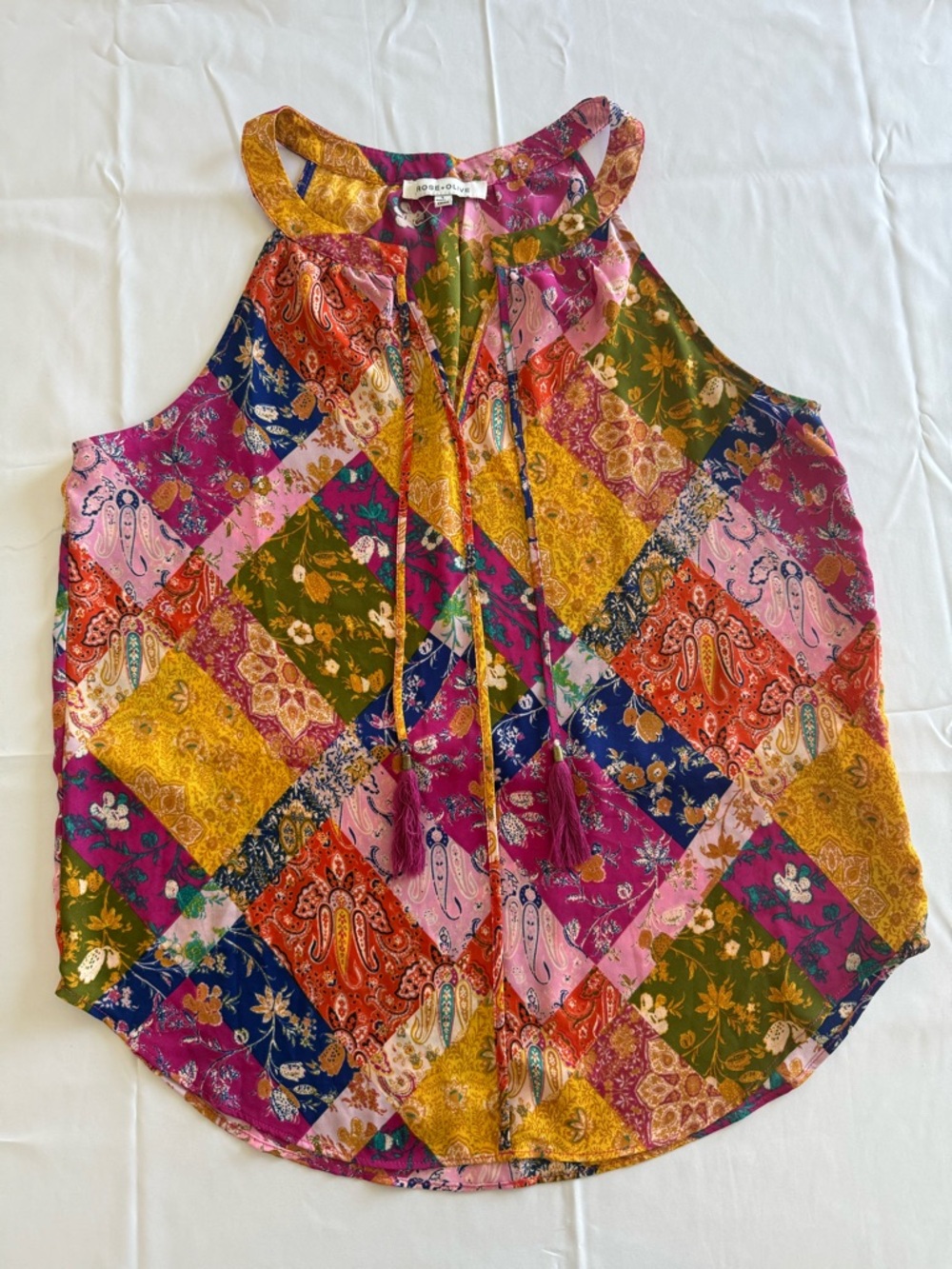 Rose & Olive Multicolor Patchwork Print Halter Top - Pink, Yellow, Green, Blue